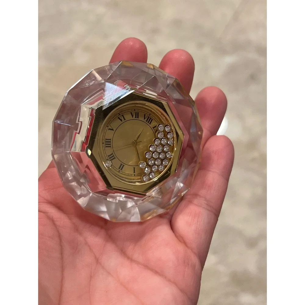 Crystal Faceted Desk Clock Gold Tone Rhinestone‎ Accents Home Decor
